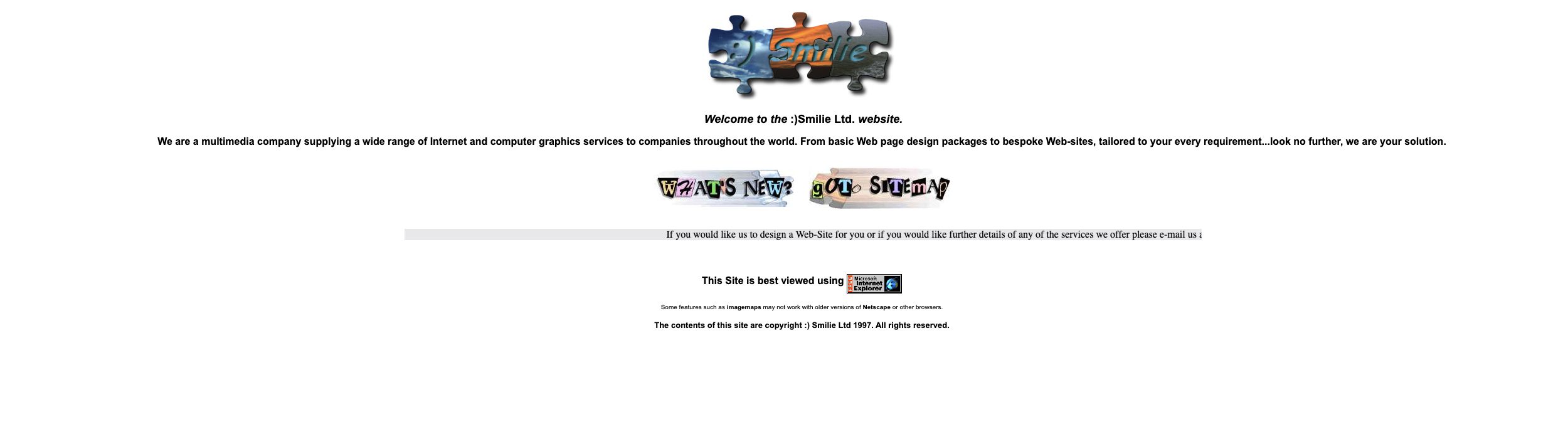 Smilie’s original jigsaw logo and 1997 homepage